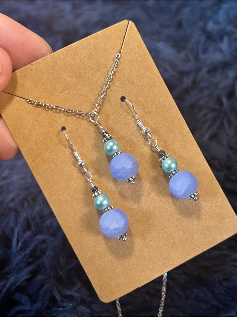 Handcrafted periwinkle crackle glass Czech glass pearl necklace and earring set